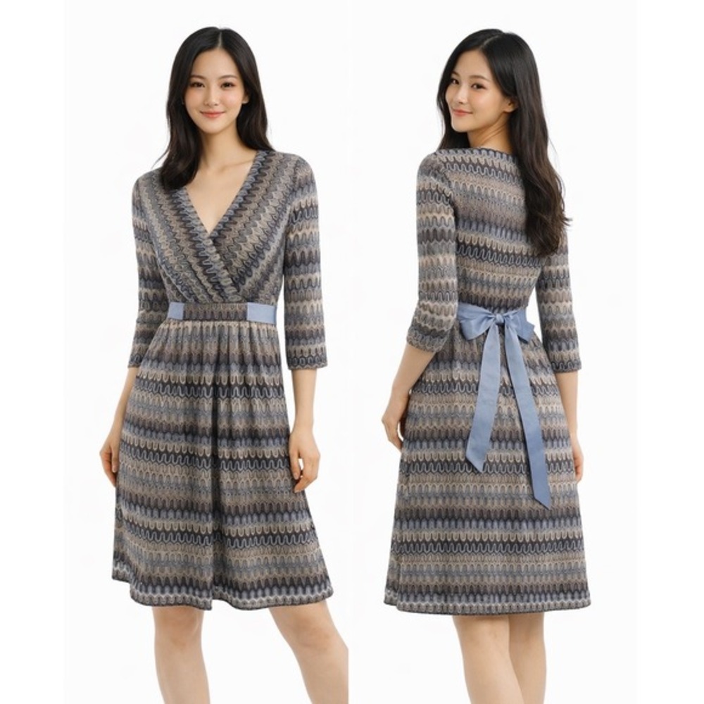 Sangria Metallic Chevron Zigzag Faux Wrap Dress Blue Brown 12 Vintage Chic 64-49